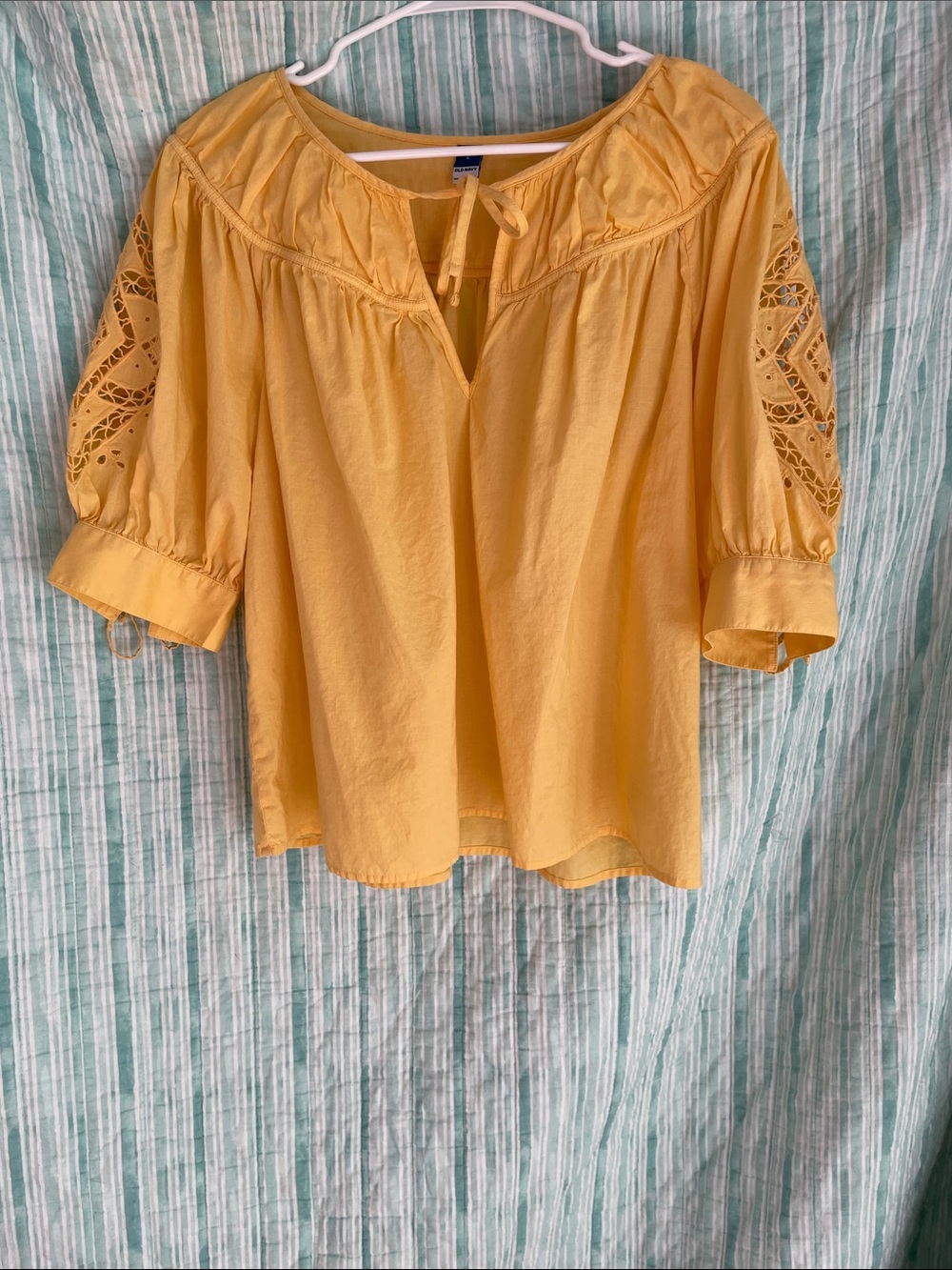 Old Navy Women's Yellow Peasant Blouse with Lace-Trim Sleeves